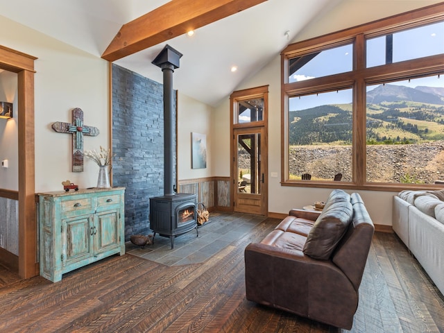 living room with a mountain view, lofted ceiling, and a wood stove