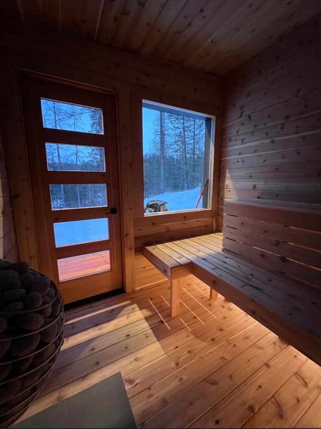 view of sauna featuring hardwood / wood-style flooring