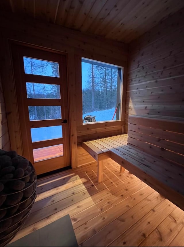 456 Peaceful Dr, Bigfork, MT 59911 - sauna featuring plenty of natural light, wood walls, wood ceiling, and wood-type flooring