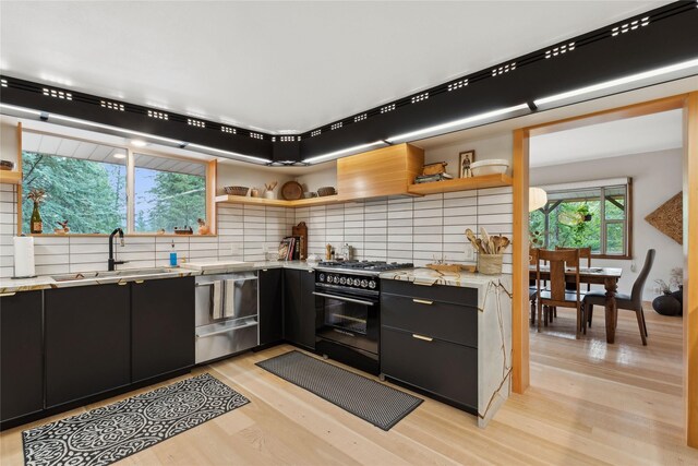 kitchen with open shelves, high end stove, dark cabinets, and a sink