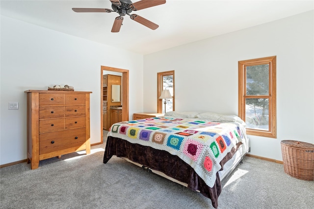 bedroom featuring carpet, a ceiling fan, and baseboards