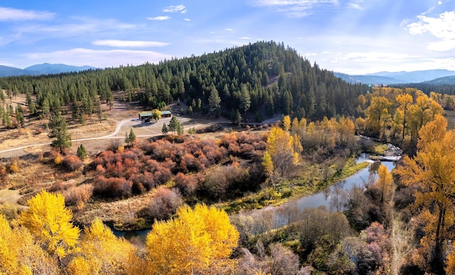 property view of mountains featuring a water view and a wooded view