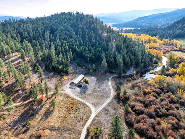 birds eye view of property with a mountain view and a view of trees