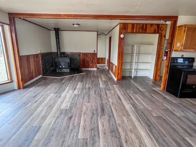 116 Happy Holw, Eureka, MT 59917 - unfurnished living room with a wainscoted wall, wood finished floors, a wood stove, and wood walls