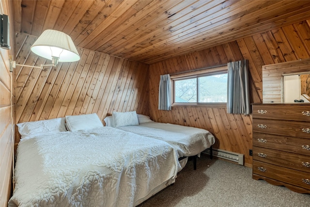 237 Lake Blaine Dr, Kalispell, MT 59901 - carpeted bedroom with wooden walls, a baseboard radiator, and wooden ceiling