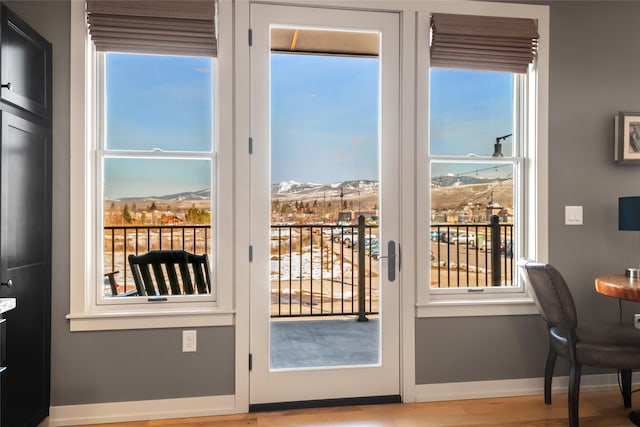 doorway featuring baseboards, wood finished floors, a mountain view, and a healthy amount of sunlight