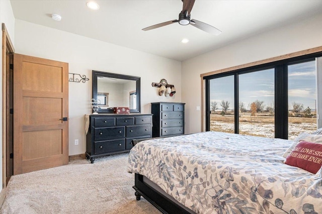 bedroom with ceiling fan, recessed lighting, light carpet, baseboards, and access to outside