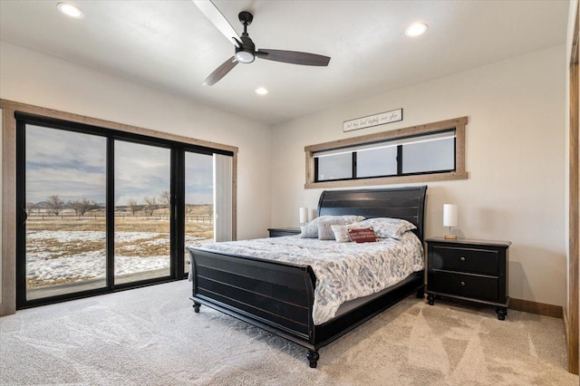 carpeted bedroom with access to exterior, recessed lighting, baseboards, and a ceiling fan