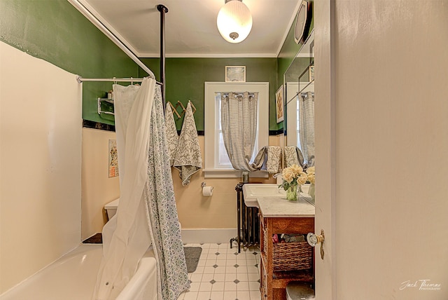 full bathroom with ornamental molding, shower / bathtub combination with curtain, vanity, and tile patterned floors