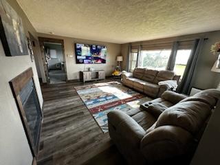 living area with a textured ceiling and wood finished floors