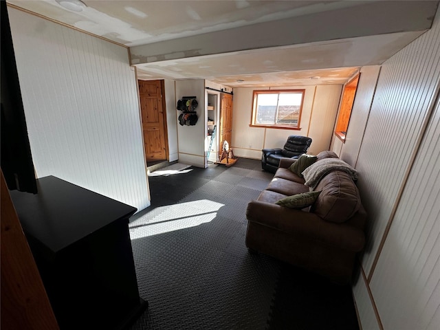 living room with a barn door