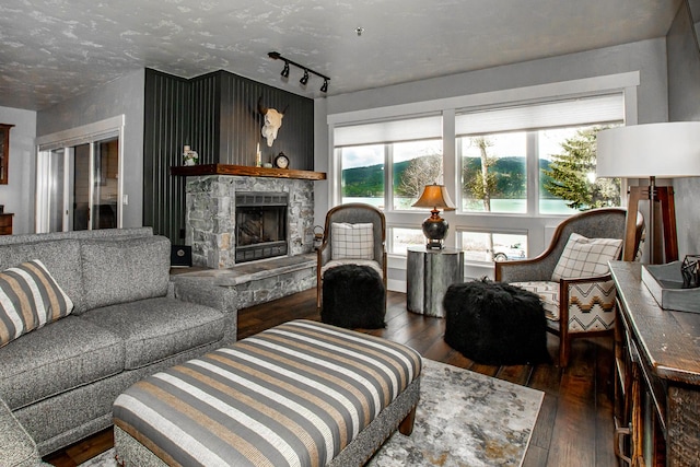 1400 Wisconsin Ave Unit 212, Whitefish, MT 59937 - living room with hardwood / wood-style floors, a fireplace, and track lighting