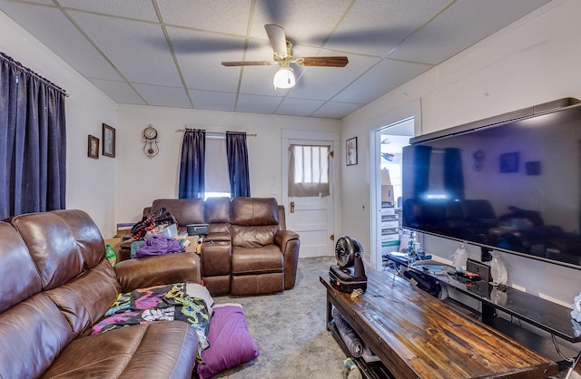 carpeted living room with a ceiling fan and a drop ceiling