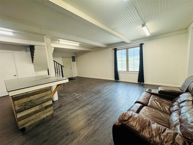 living area with stairs, dark wood-style flooring, beamed ceiling, and baseboards