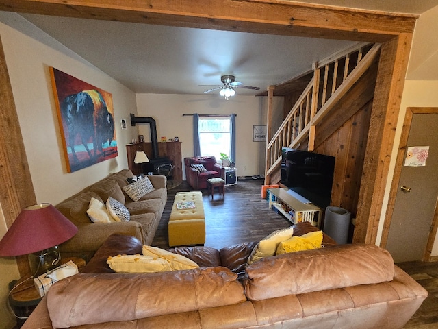 living room featuring stairs, ceiling fan, and wood finished floors