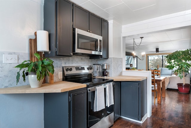 kitchen with a peninsula, tasteful backsplash, stainless steel appliances, and dark wood-type flooring