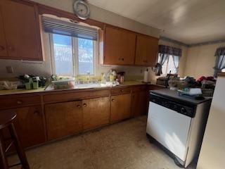 kitchen with plenty of natural light, brown cabinets, and refrigerator