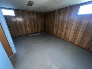 basement with wood walls and a healthy amount of sunlight