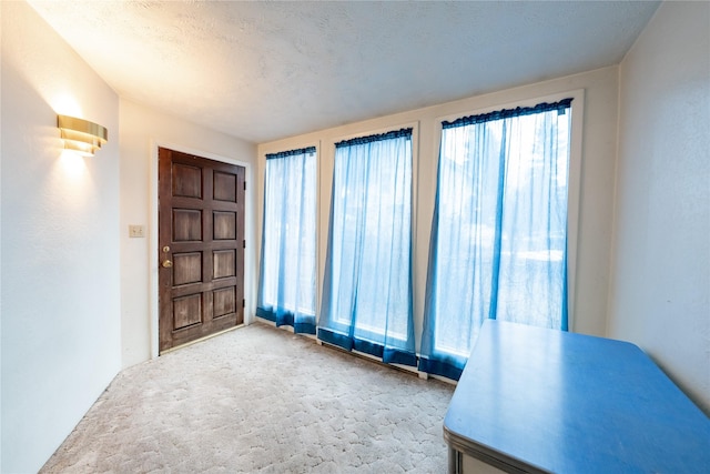 foyer entrance with a textured ceiling and light colored carpet