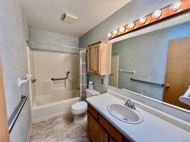 bathroom with vanity, toilet, and shower / bathtub combination with curtain