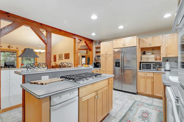 kitchen featuring open shelves, light tile patterned floors, stainless steel appliances, and light brown cabinetry