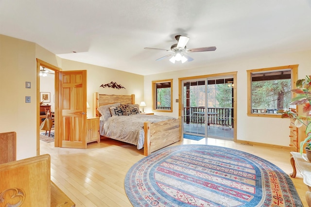 bedroom featuring access to exterior, ceiling fan, baseboards, and light wood-style floors