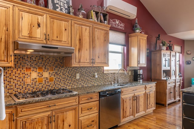 kitchen with under cabinet range hood, stainless steel appliances, a sink, light wood-type flooring, and a wall mounted air conditioner