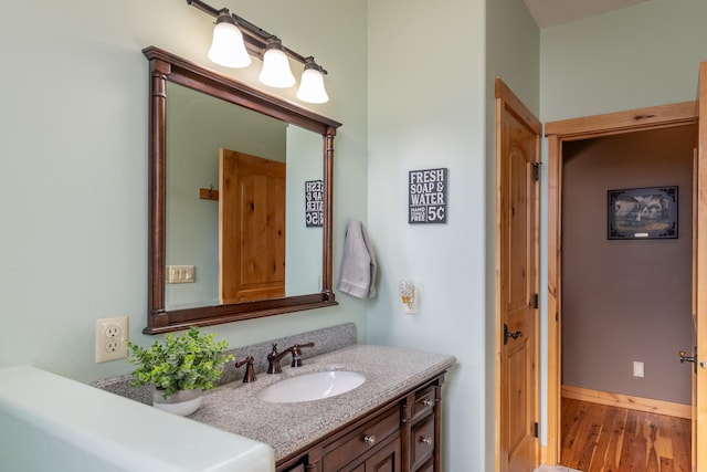 bathroom with wood finished floors and vanity