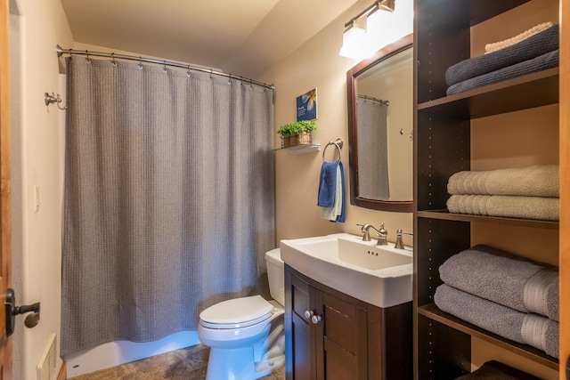 full bath featuring toilet, visible vents, and vanity