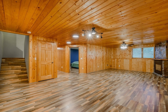 interior space with wooden ceiling, wooden walls, and wood finished floors