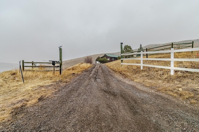 view of street featuring dirt driveway and a rural view