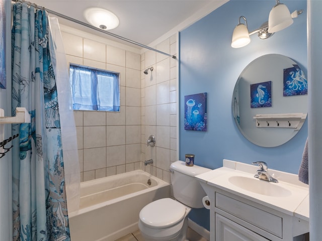 full bath featuring shower / bathtub combination with curtain, toilet, and vanity