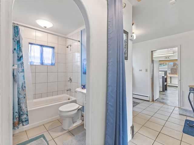 bathroom featuring a baseboard radiator, shower / tub combo with curtain, toilet, and tile patterned floors