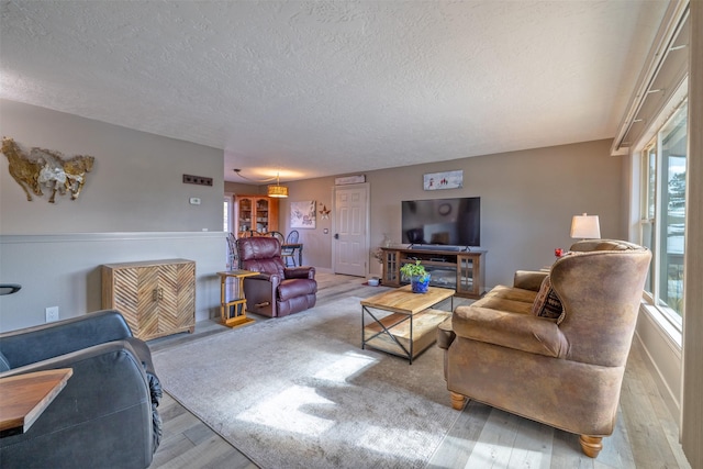 living area featuring a textured ceiling and wood finished floors