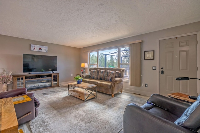 living area with a textured ceiling, wood finished floors, and baseboards