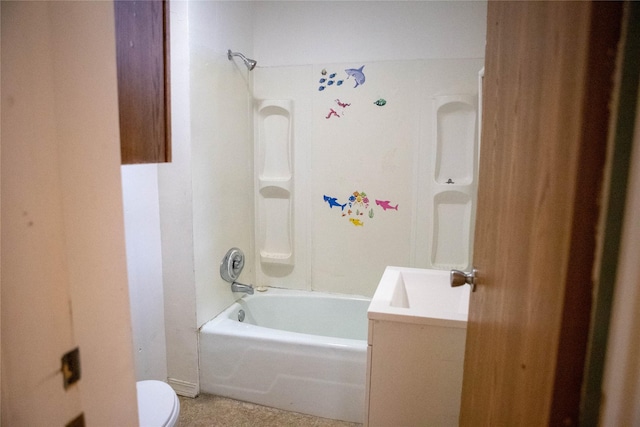 full bath featuring shower / bathing tub combination, vanity, and toilet