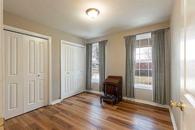 bedroom with wood finished floors, baseboards, and two closets