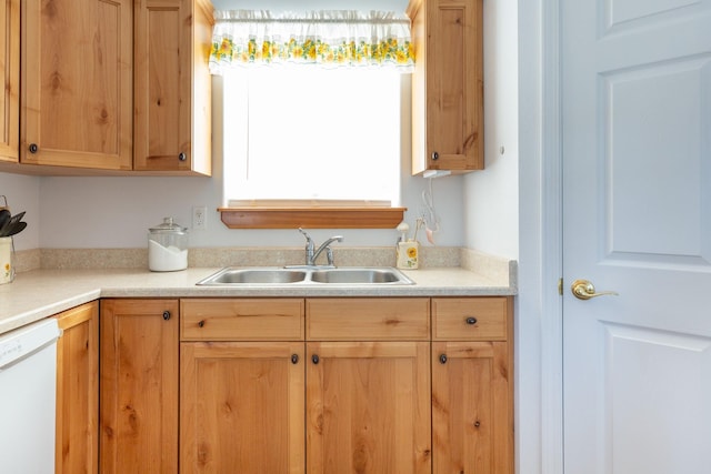 kitchen featuring dishwasher, light countertops, and a sink