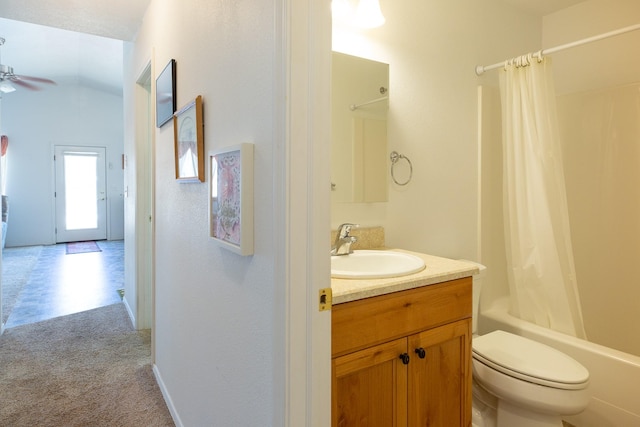 full bathroom with toilet, ceiling fan, vanity, and shower / tub combo with curtain