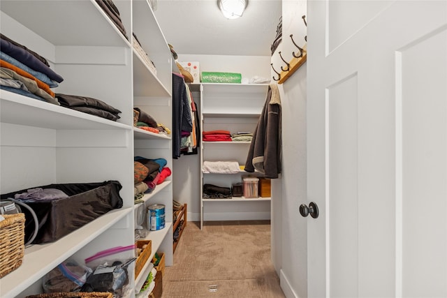 walk in closet featuring light colored carpet