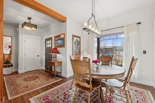 dining area with wood finished floors, beam ceiling, and baseboards