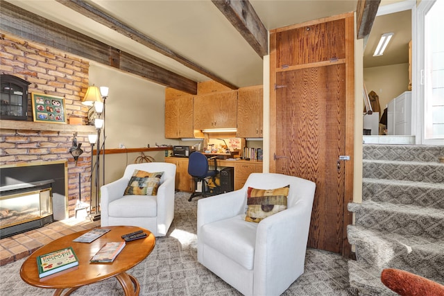 living room featuring stairs, a fireplace, and beam ceiling