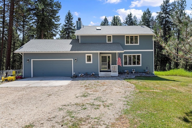 traditional-style home with a garage, fence, dirt driveway, a chimney, and a front yard