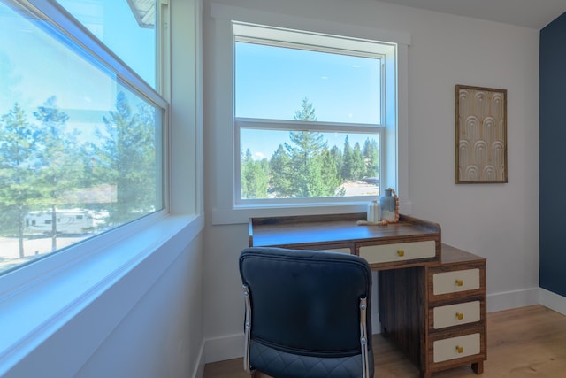 home office featuring light wood finished floors and baseboards