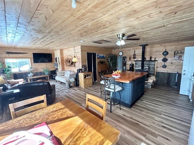 living area featuring light wood-type flooring, wood ceiling, a wood stove, and wooden walls