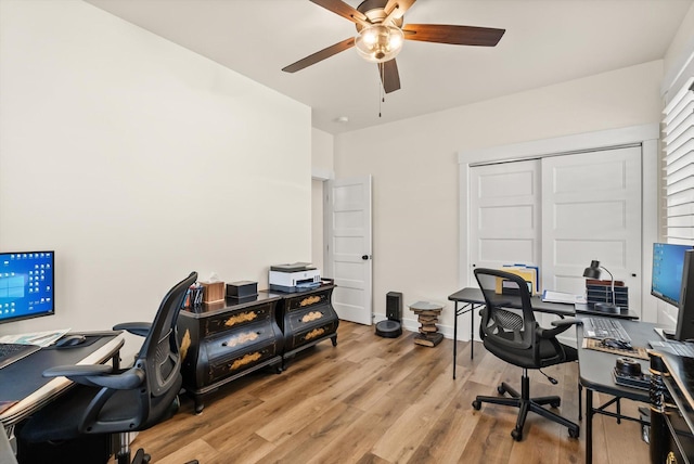 office space featuring light wood-style floors and ceiling fan