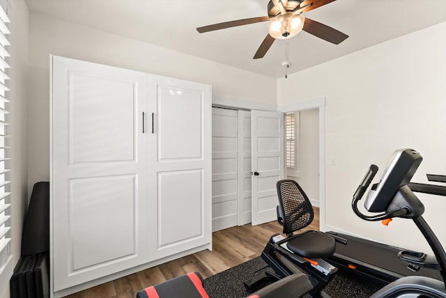 workout area featuring ceiling fan and light wood-type flooring