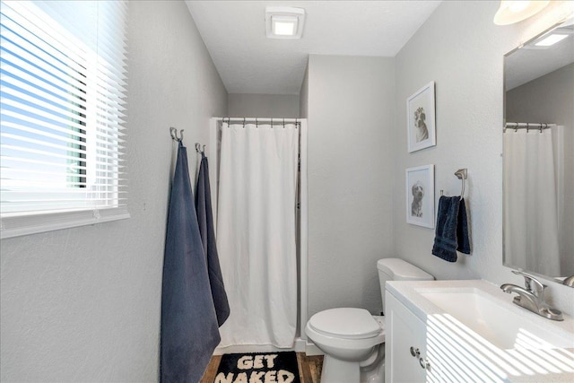 full bathroom featuring curtained shower, vanity, and toilet