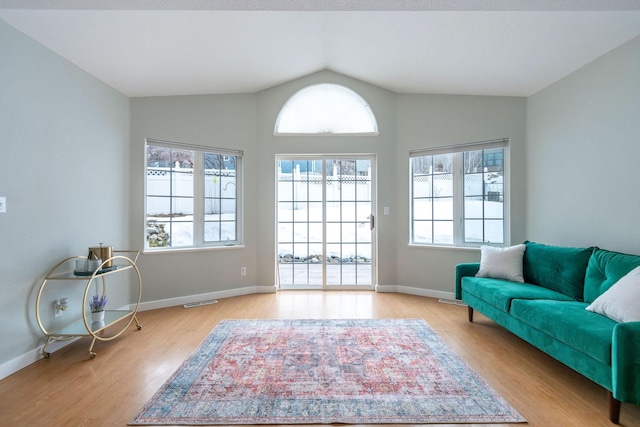 interior space featuring a healthy amount of sunlight, vaulted ceiling, and wood finished floors