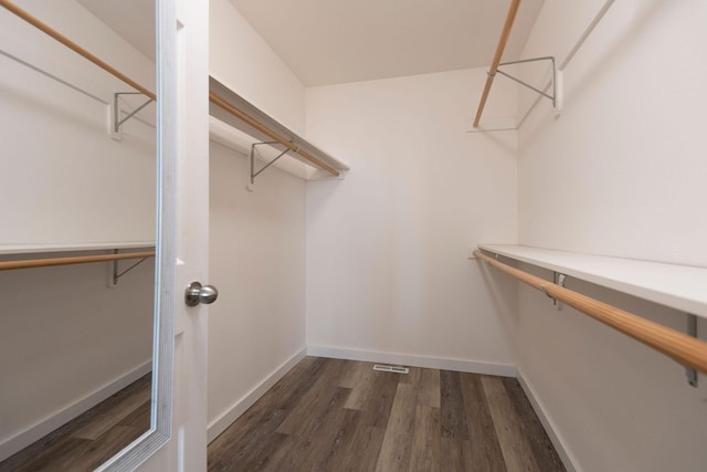 walk in closet with dark wood-style floors